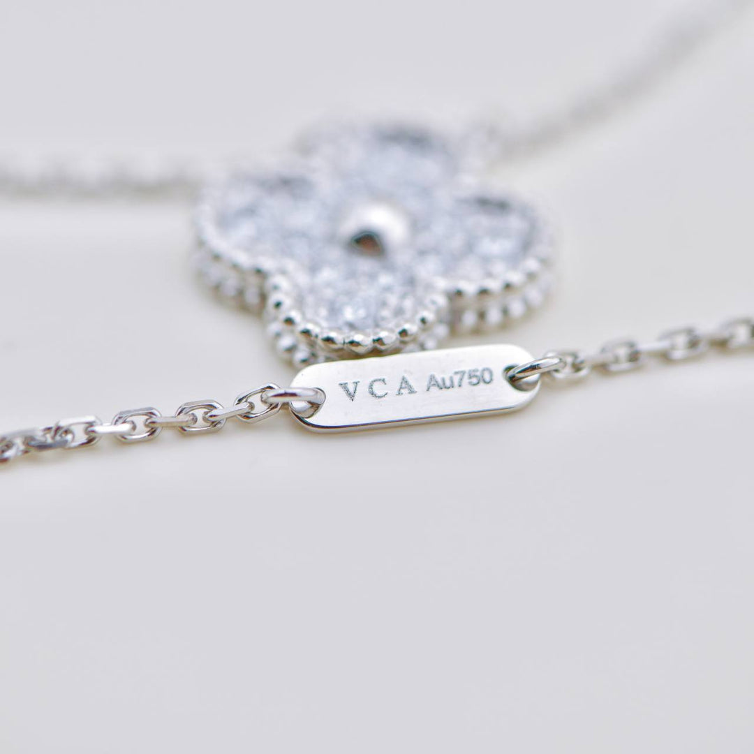 Second Hand Van Cleef Vintage Alhambra Diamond 18K White Gold Pendant Necklace