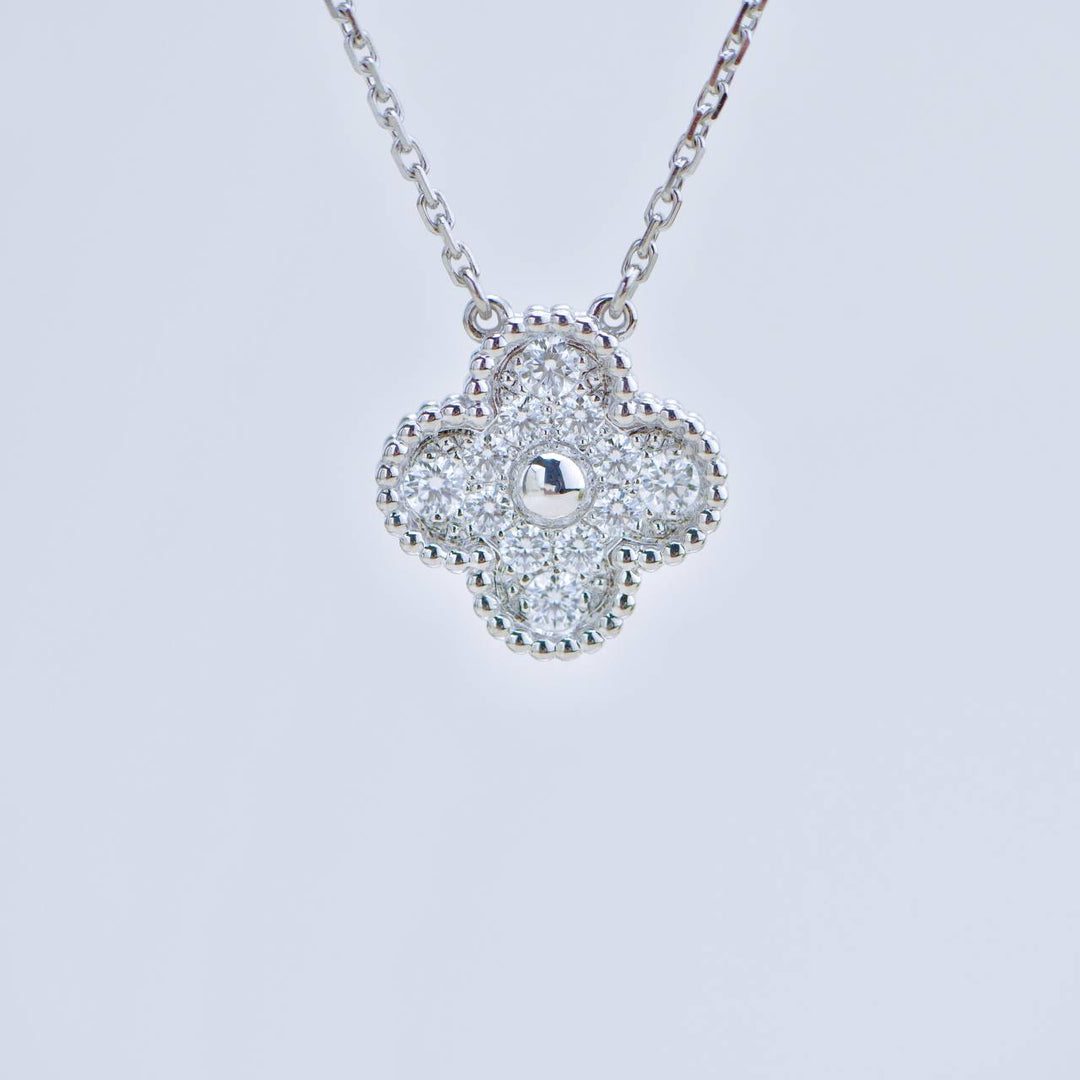 Preowned Van Cleef & Arpels Vintage Alhambra Diamond 18K White Gold Pendant Necklace