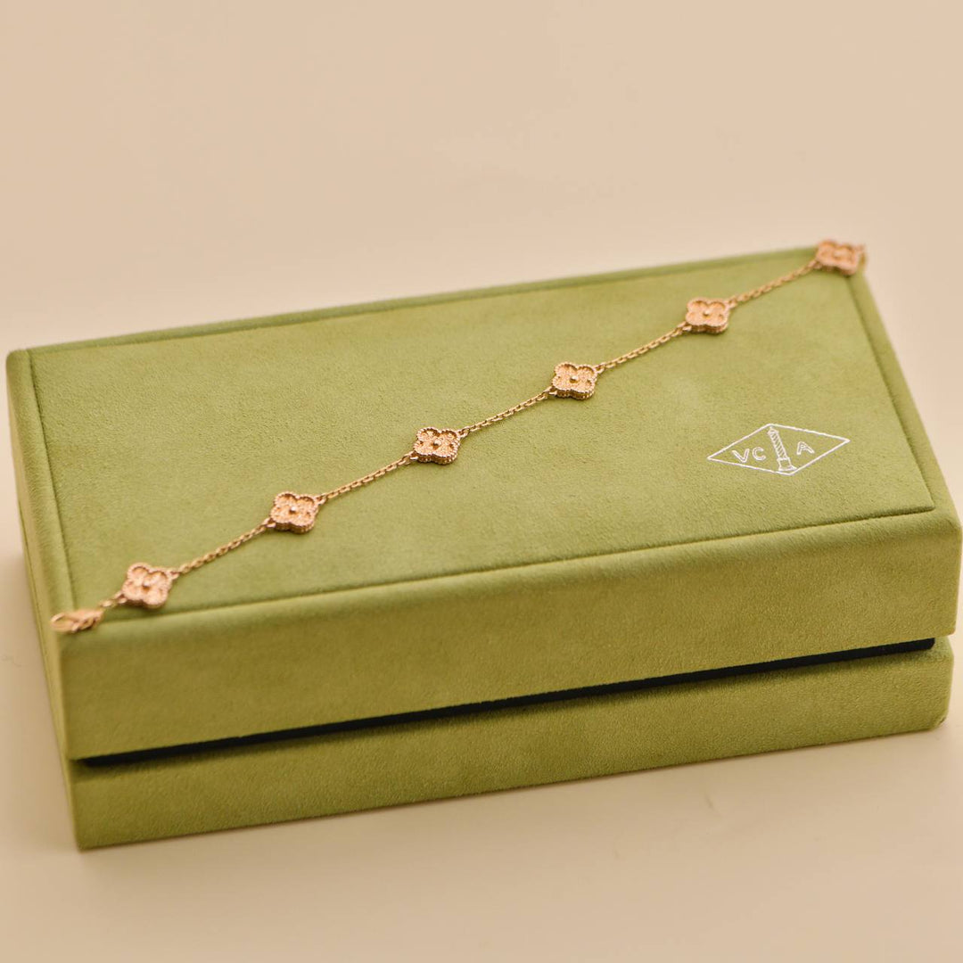 Preloved Van Cleef Sweet Alhambra 6 Motif 18K Hammered Rose Gold Bracelet
