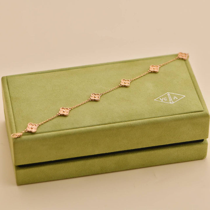 Preloved Van Cleef Sweet Alhambra 6 Motif 18K Hammered Rose Gold Bracelet