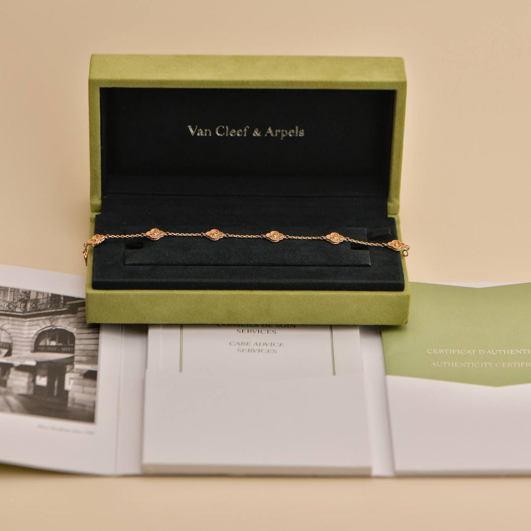 Preowned Van Cleef & Arpels Sweet Alhambra 6 Motif 18K Hammered Rose Gold Bracelet
