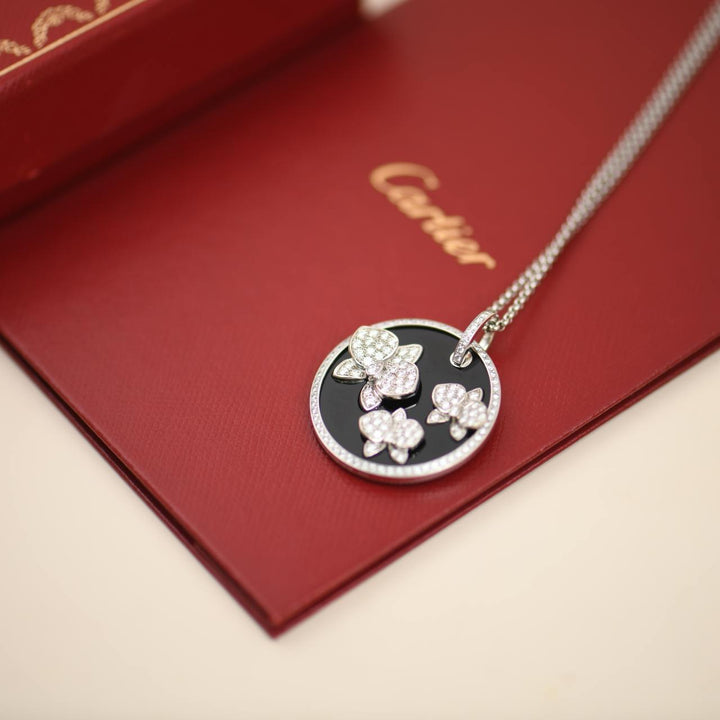 Cartier Caresse D'Orchidees Par Cartier Diamond 18K White Gold Black Onyx Round Pendant Necklace