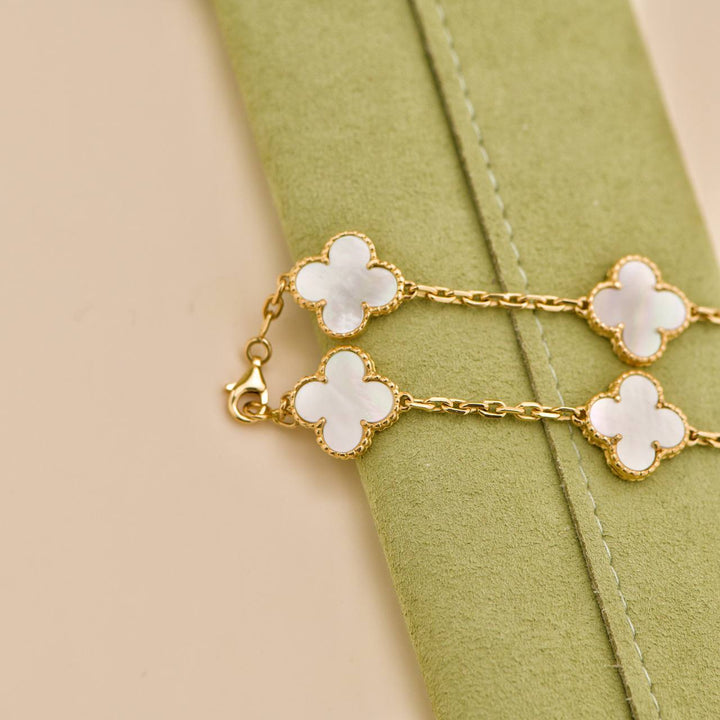 Preowned Van Cleef Vintage Alhambra Mother of Pearl 18K Yellow Gold 5 Motif Bracelet