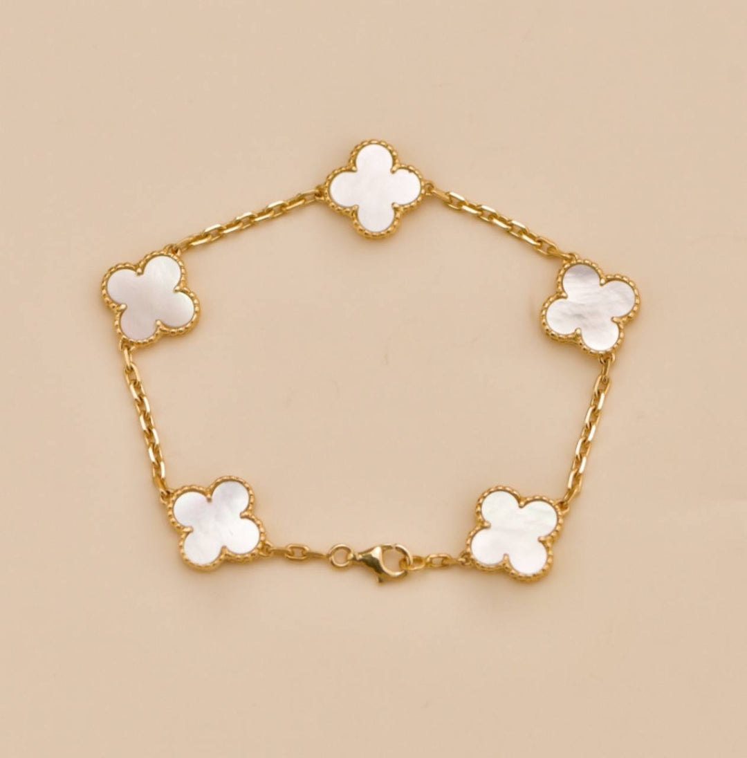 Second Hand Van Cleef Vintage Alhambra Mother of Pearl 18K Yellow Gold 5 Motif Bracelet