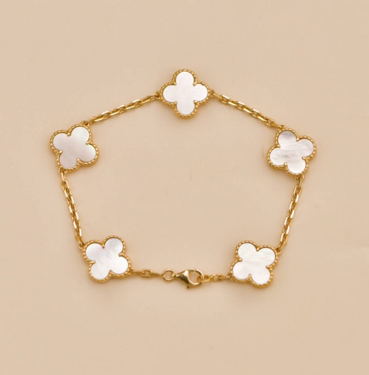 Second Hand Van Cleef Vintage Alhambra Mother of Pearl 18K Yellow Gold 5 Motif Bracelet