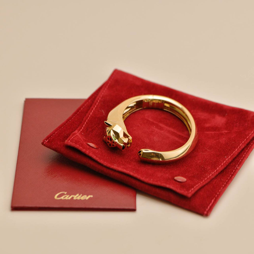 Preowned Cartier Panthère 18k Yellow Gold Tsavorite And Onyx Bracelet Size 17
