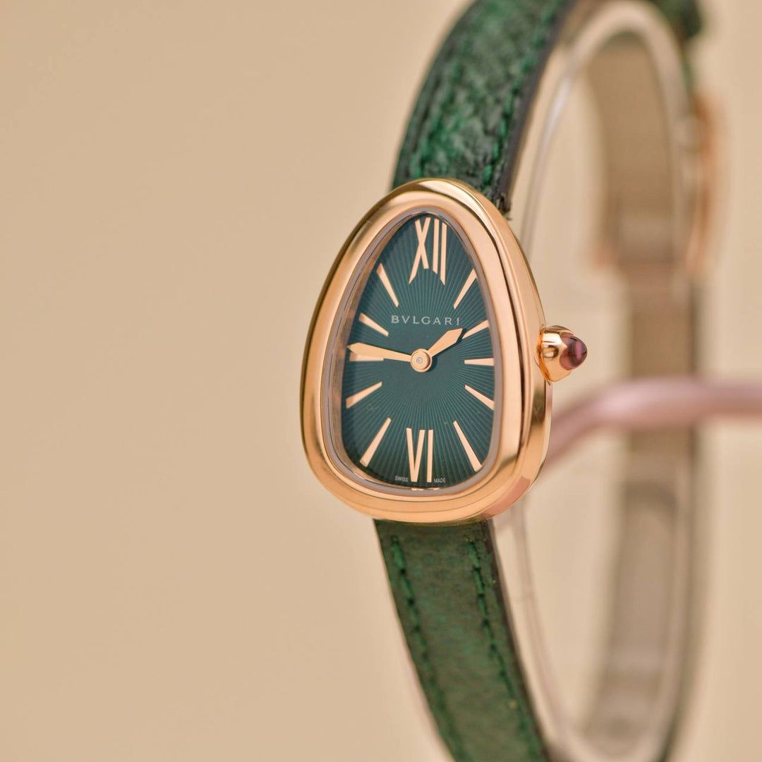 Second Hand Bvlgari Serpenti Twist 18k Rose Gold Green Leather Quartz Wristwatch
