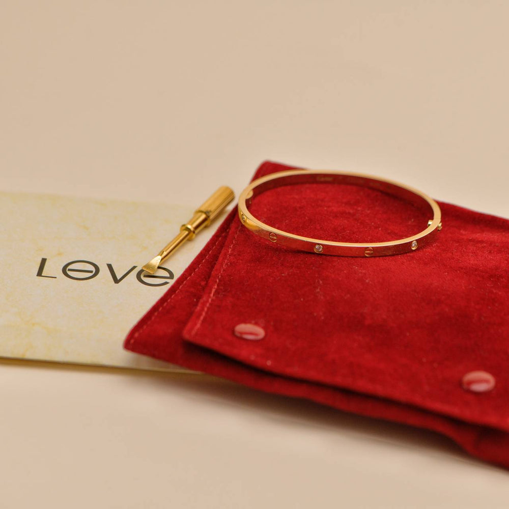 Preowned Cartier Love 6 Diamond 18k Yellow Gold Small Model Bracelet Size 17