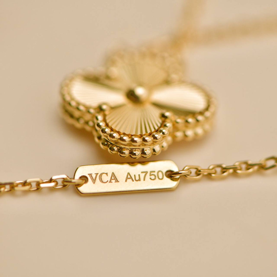 Second Hand VCA Vintage Alhambra Guilloché 18K Yellow Gold Pendant Necklace