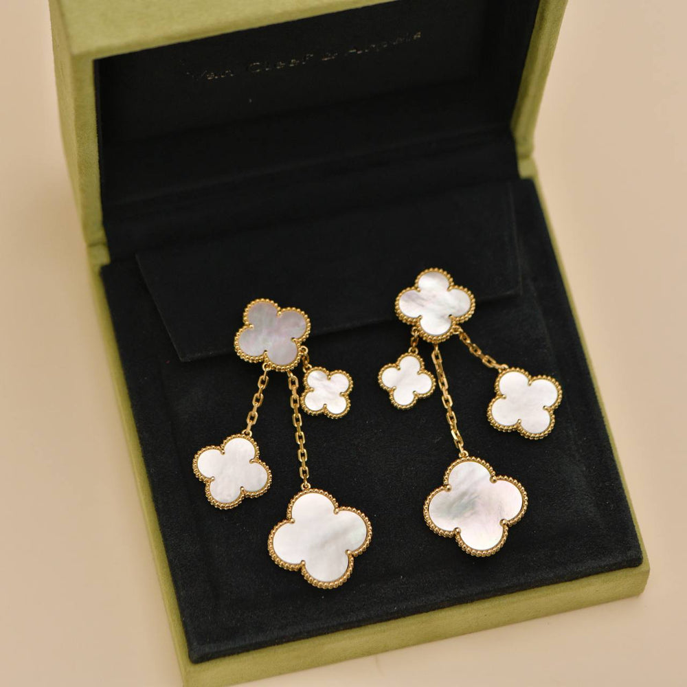 Preowned Van Cleef & Arpels Magic Alhambra 4 motif Mother of Pearl 18K Yellow Gold Earrings