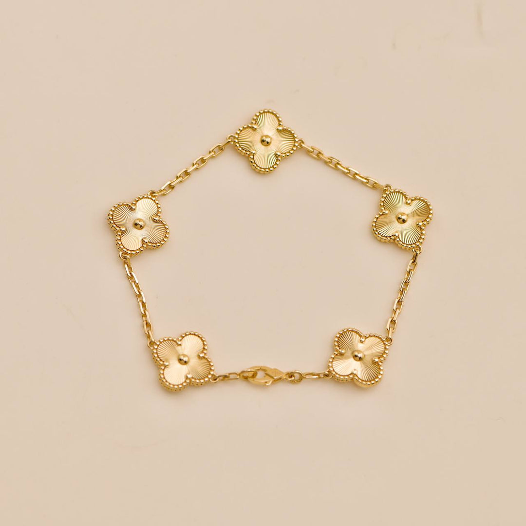 Preowned Van Cleef Vintage Alhambra Guilloché 5 Motifs 18K Yellow Gold Bracelet