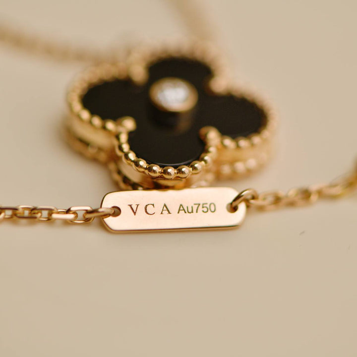 Preloved Van Cleef Vintage Alhambra Onyx 18K Rose Gold 2016 Holiday Pendant Necklace