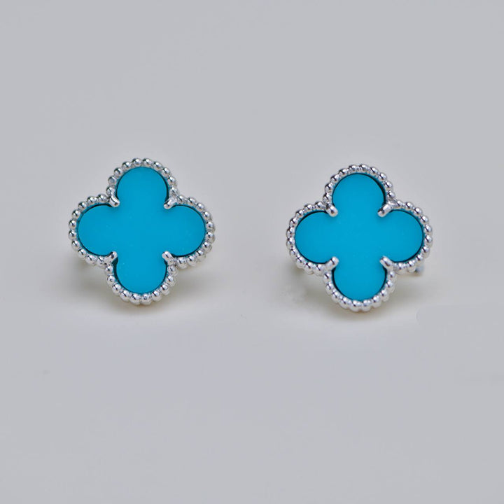 Second Hand Van Cleef Vintage Alhambra Turquoise 18K White Gold Stud Earrings