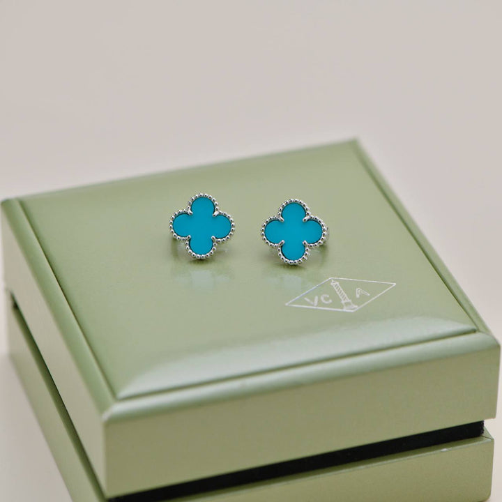 Preloved Van Cleef Vintage Alhambra Turquoise 18K White Gold Stud Earrings
