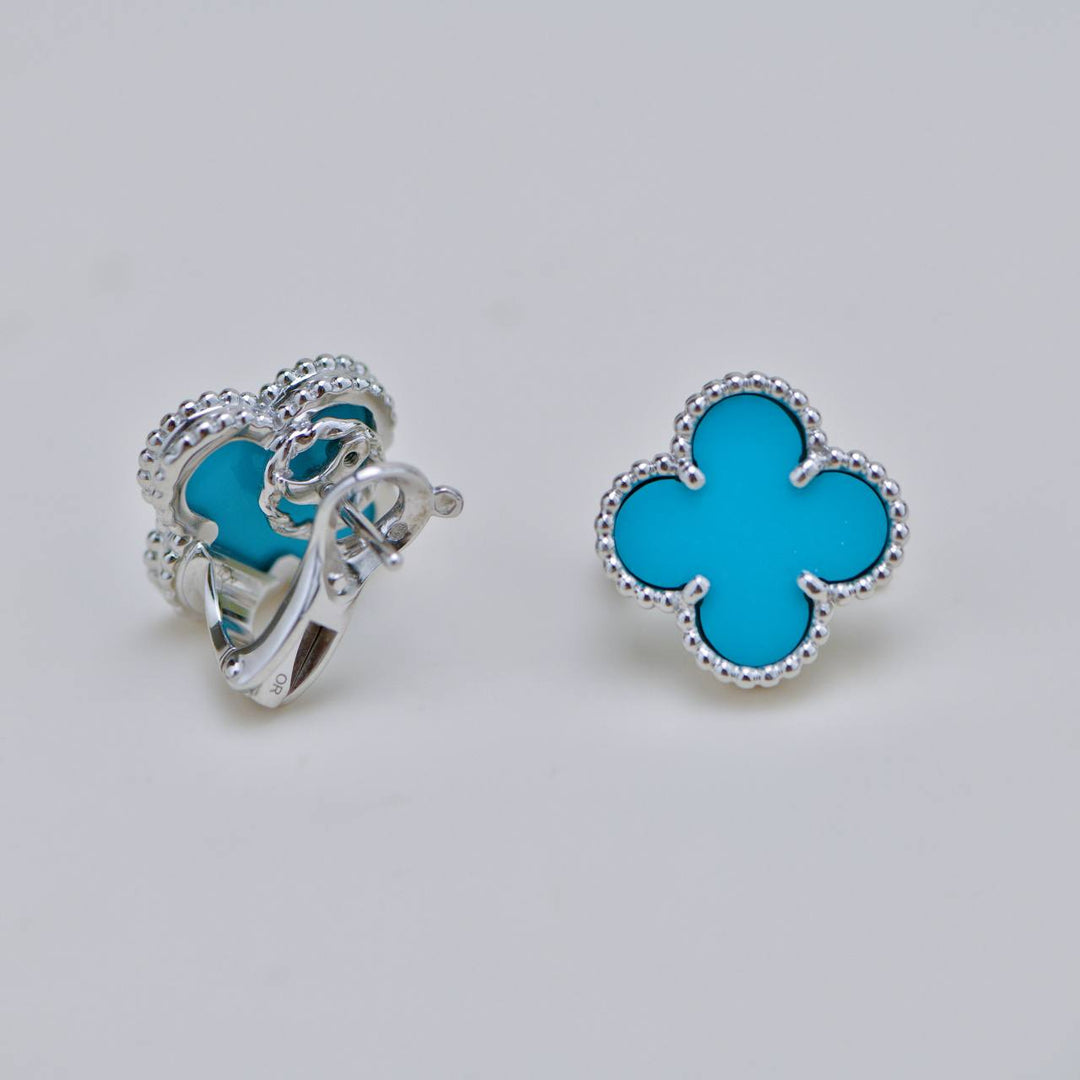Second Hand VCA Vintage Alhambra Turquoise 18K White Gold Stud Earrings