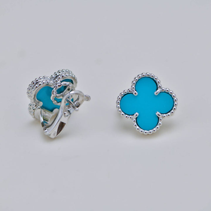 Second Hand VCA Vintage Alhambra Turquoise 18K White Gold Stud Earrings