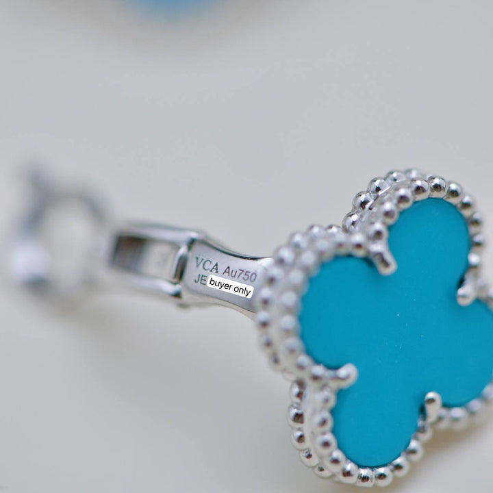 Preowned VCA Vintage Alhambra Turquoise 18K White Gold Stud Earrings