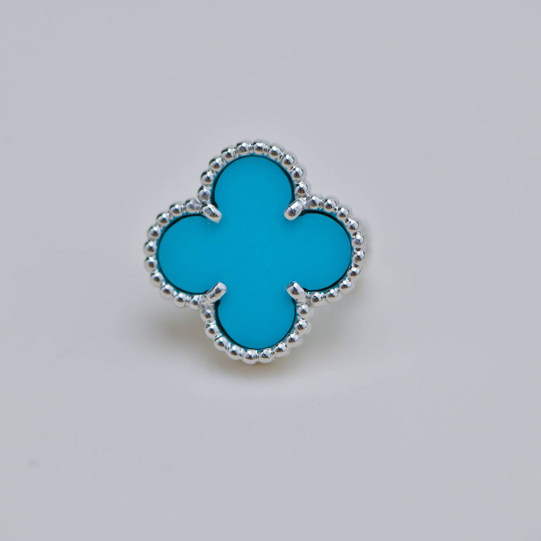 Preloved VCA Vintage Alhambra Turquoise 18K White Gold Stud Earrings