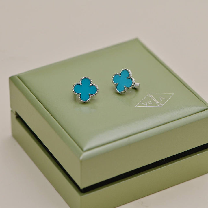 Second Hand Van Cleef & Arpels Vintage Alhambra Turquoise 18K White Gold Stud Earrings