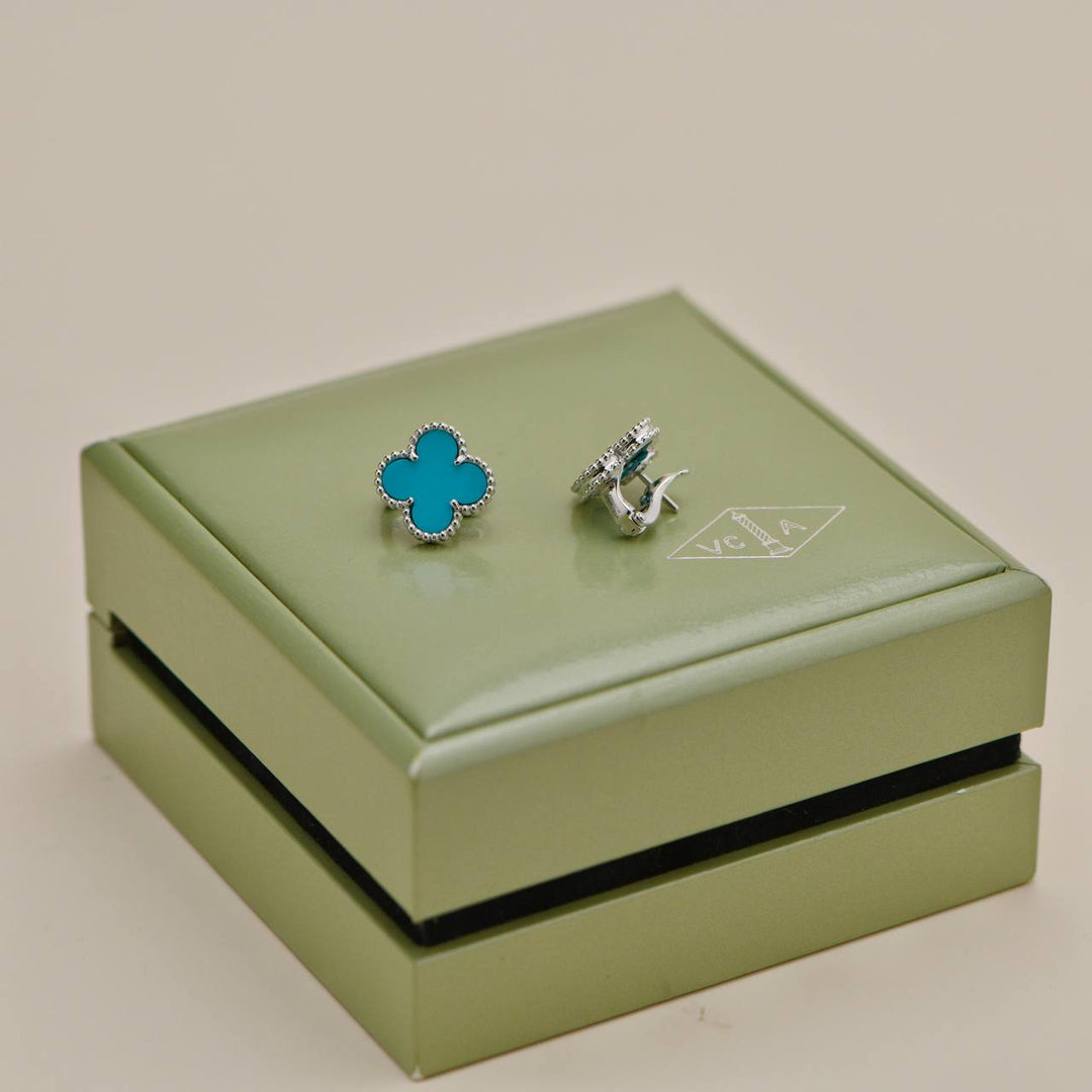 Preowned Van Cleef Vintage Alhambra Turquoise 18K White Gold Stud Earrings
