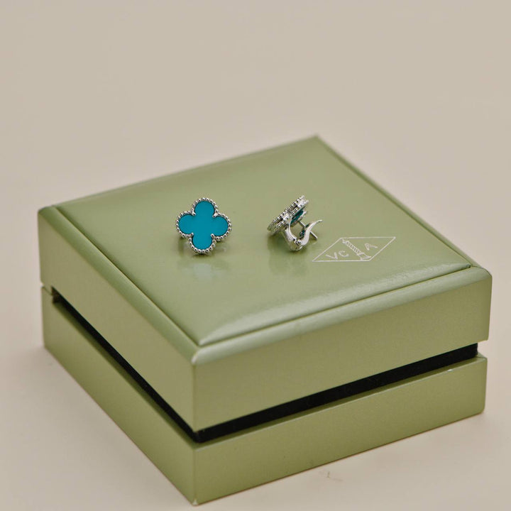 Preowned Van Cleef Vintage Alhambra Turquoise 18K White Gold Stud Earrings