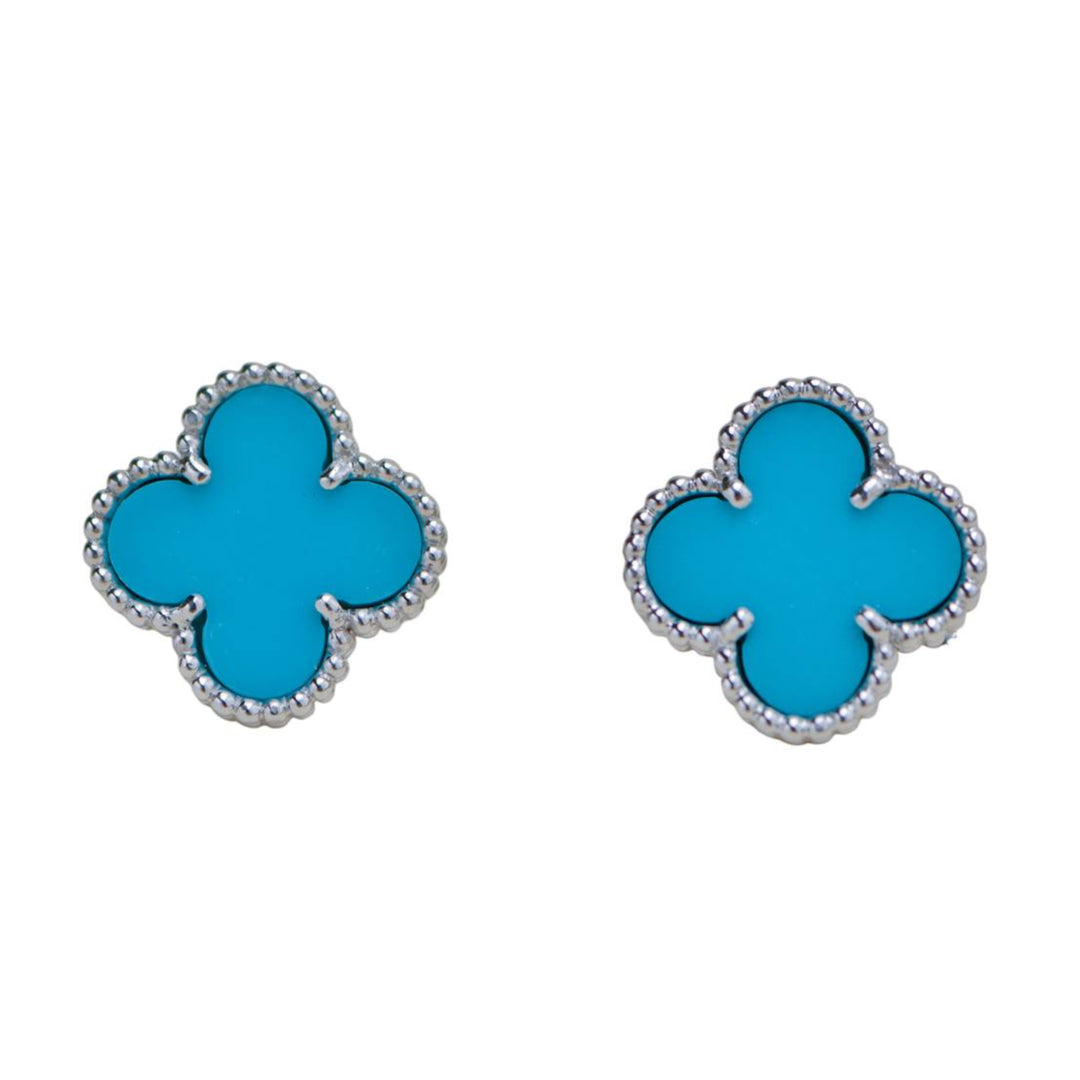 Preloved Van Cleef & Arpels Vintage Alhambra Turquoise 18K White Gold Stud Earrings