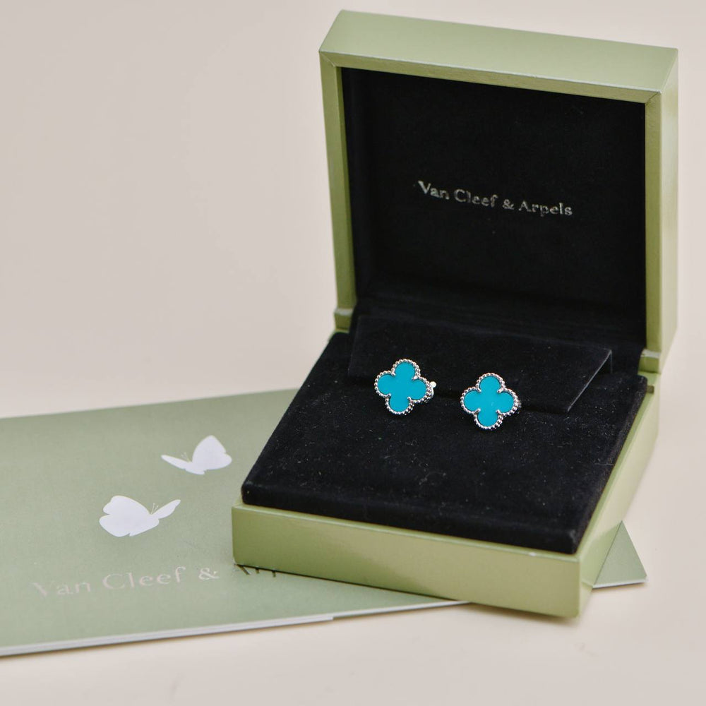 Preowned Van Cleef & Arpels Vintage Alhambra Turquoise 18K White Gold Stud Earrings