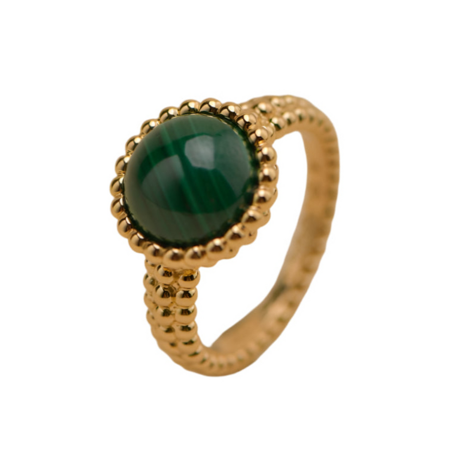 Preloved Van Cleef & Arpels Perlée Malachite 18k Yellow Gold Ring Size 54
