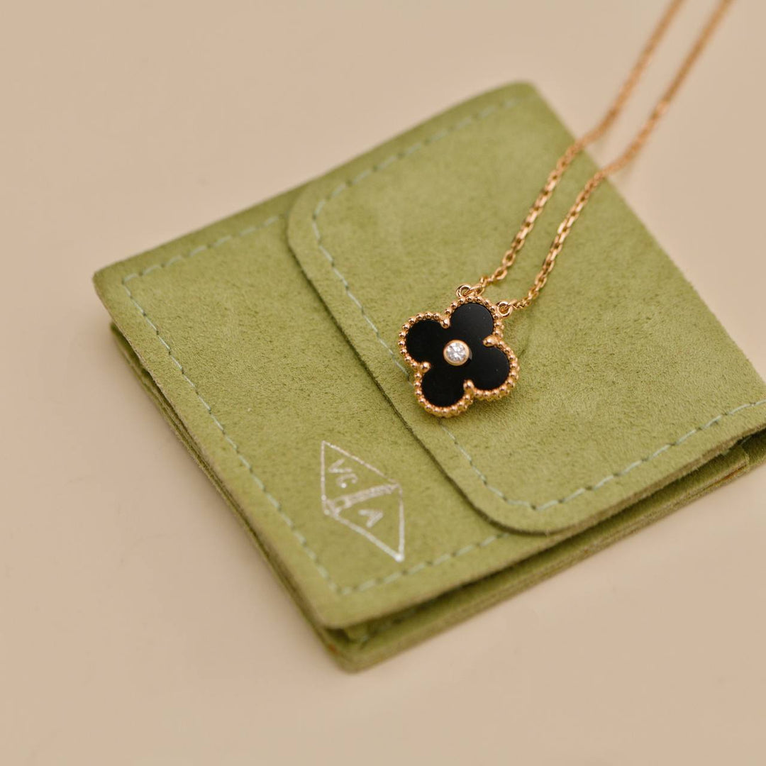 Preloved Van Cleef Vintage Alhambra Onyx 18K Rose Gold 2016 Holiday Pendant Necklace