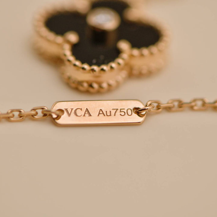 Second Hand Van Cleef Vintage Alhambra Onyx 18K Rose Gold 2016 Holiday Pendant Necklace