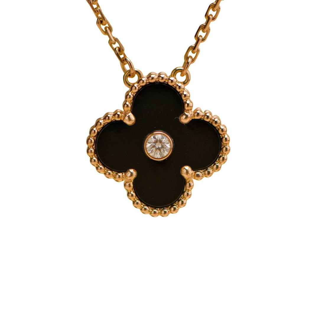 Preloved Van Cleef & Arpels Vintage Alhambra Onyx 18K Rose Gold 2016 Holiday Pendant Necklace