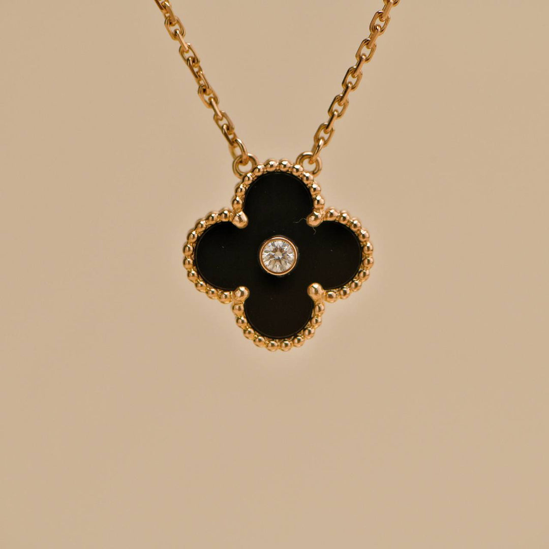 Preowned Van Cleef & Arpels Vintage Alhambra Onyx 18K Rose Gold 2016 Holiday Pendant Necklace
