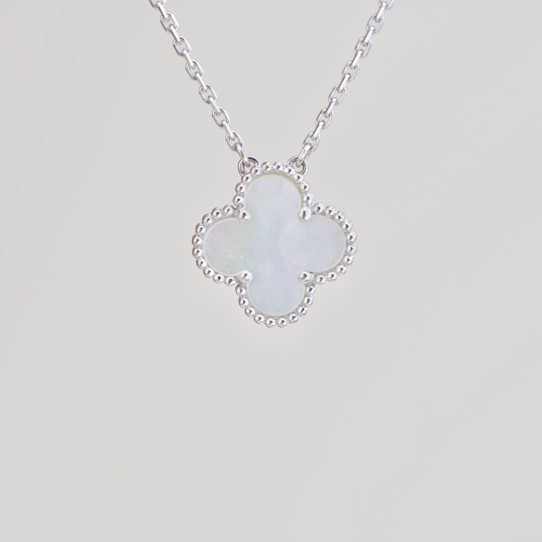 Preloved Van Cleef Vintage Alhambra Mother of Pearl 18K White Gold Pendant Necklace