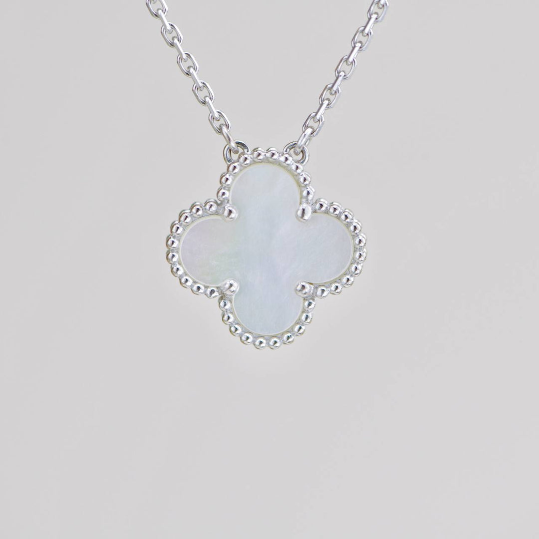 Preowned Van Cleef Vintage Alhambra Mother of Pearl 18K White Gold Pendant Necklace