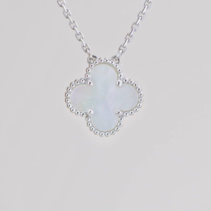 Preowned Van Cleef Vintage Alhambra Mother of Pearl 18K White Gold Pendant Necklace
