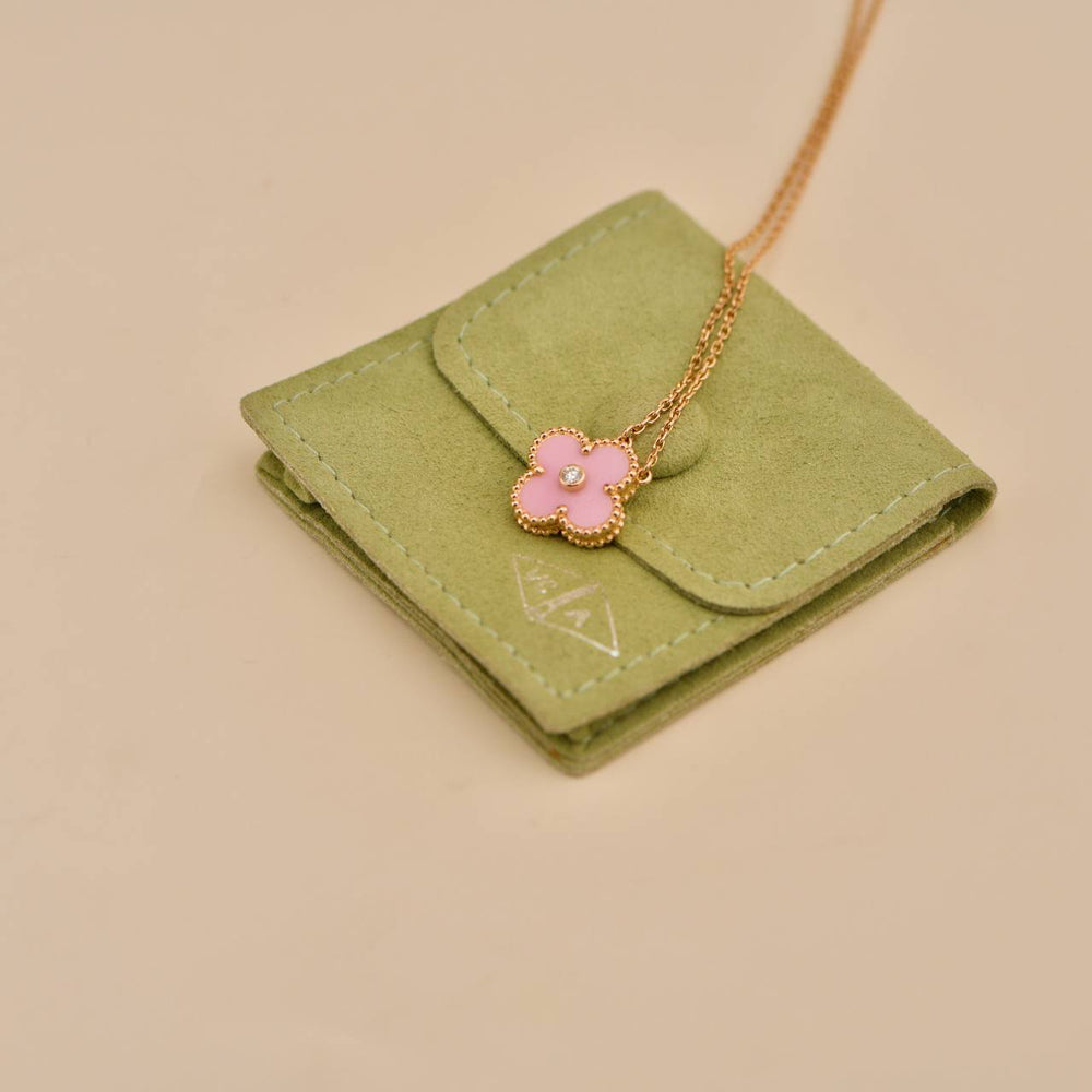 Preowned Van Cleef & Arpels Vintage Alhambra Diamond Pink Sèvres Porcelain 2015 Holiday Pendant Necklace