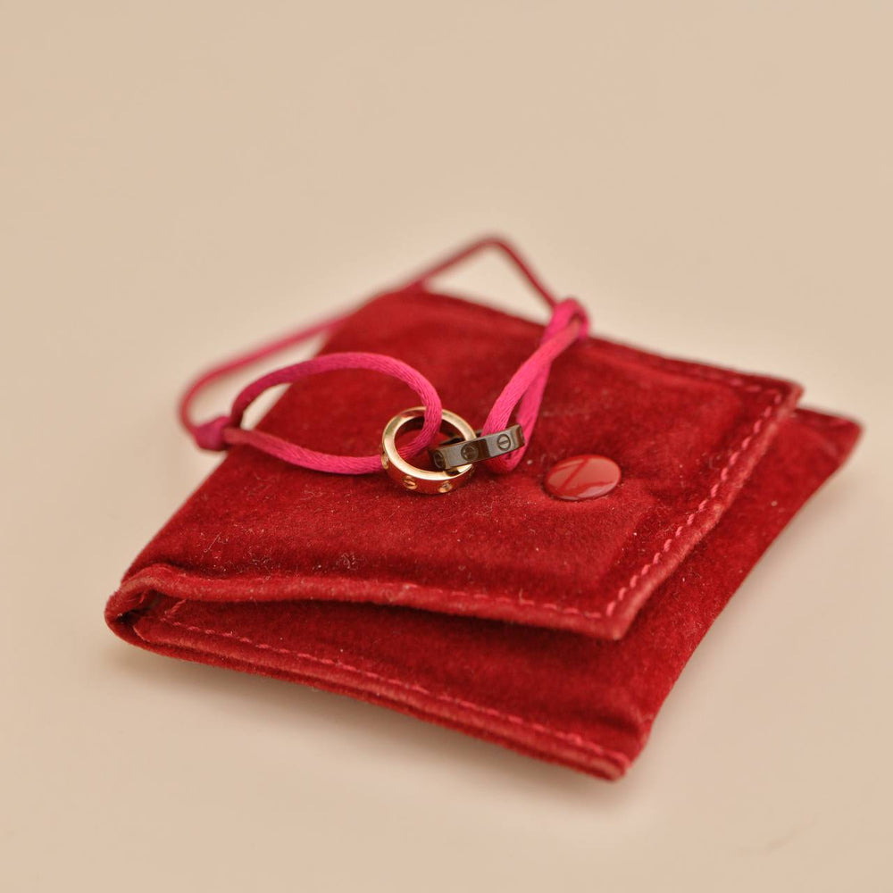 Preowned Cartier Love 4 Diamond 18K Rose Gold Sevres Porcelain Red Silk Cord Bracelet