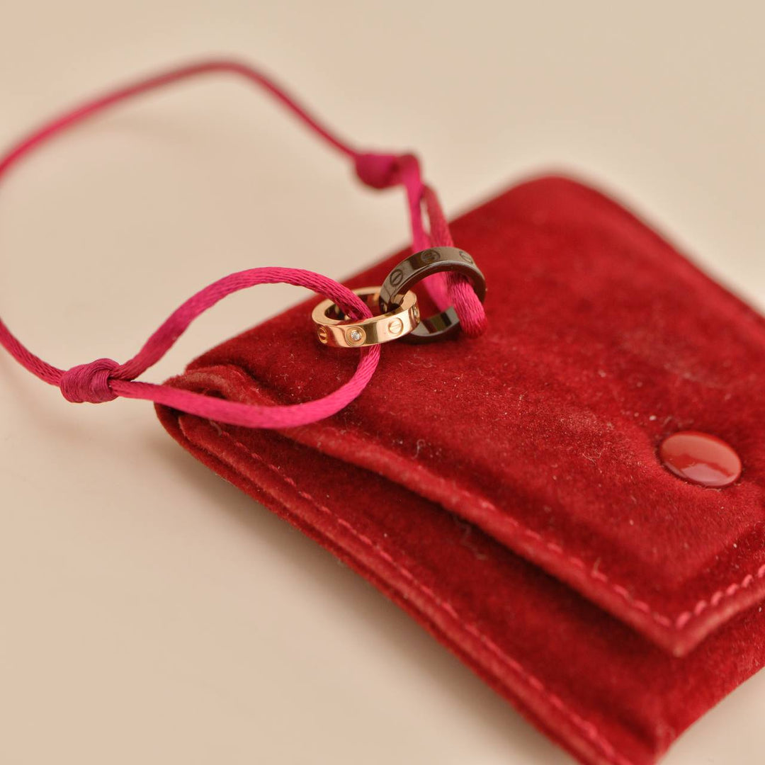 Used Cartier Love 4 Diamond 18K Rose Gold Sevres Porcelain Red Silk Cord Bracelet 