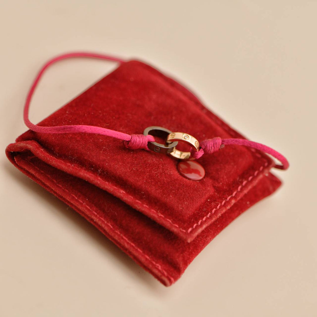 Second Hand Cartier Love 4 Diamond 18K Rose Gold Sevres Porcelain Red Silk Cord Bracelet