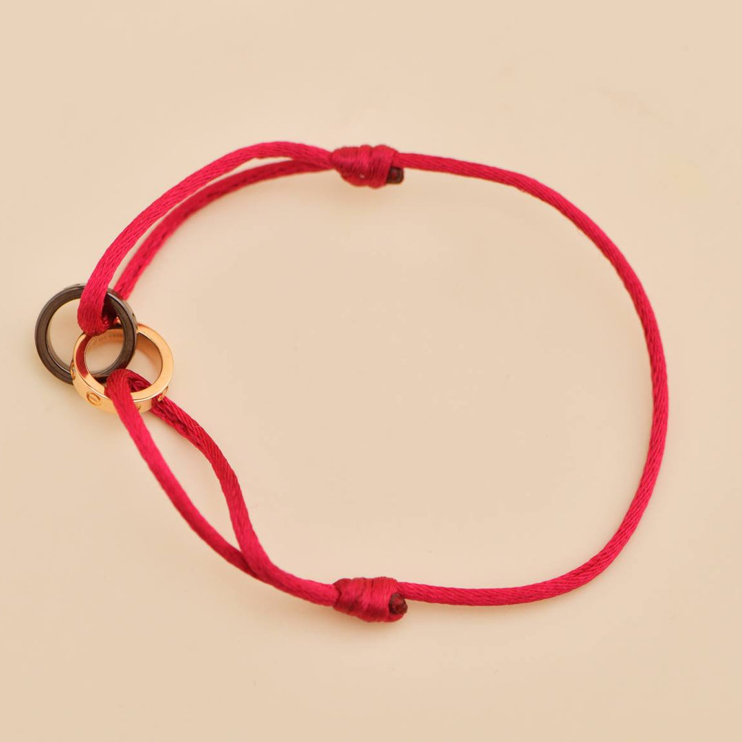 Second Hand Cartier Love 4 Diamond 18K Rose Gold Sevres Porcelain Silk Cord Bracelet