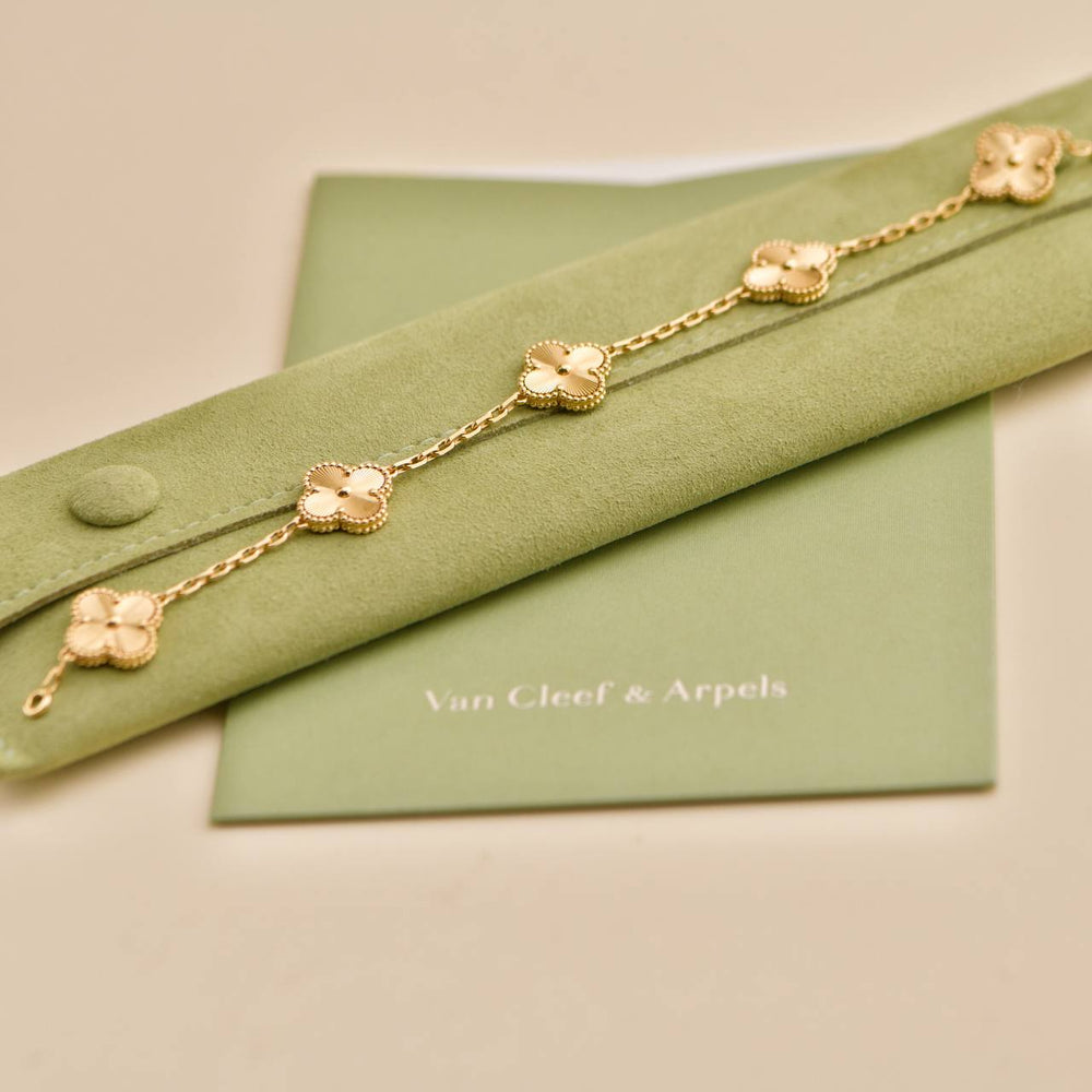 Preowned Van Cleef & Arpels Vintage Alhambra Guilloché 5 Motifs 18K Yellow Gold Bracelet