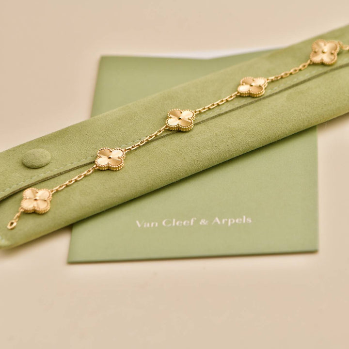Preowned Van Cleef & Arpels Vintage Alhambra Guilloché 5 Motifs 18K Yellow Gold Bracelet