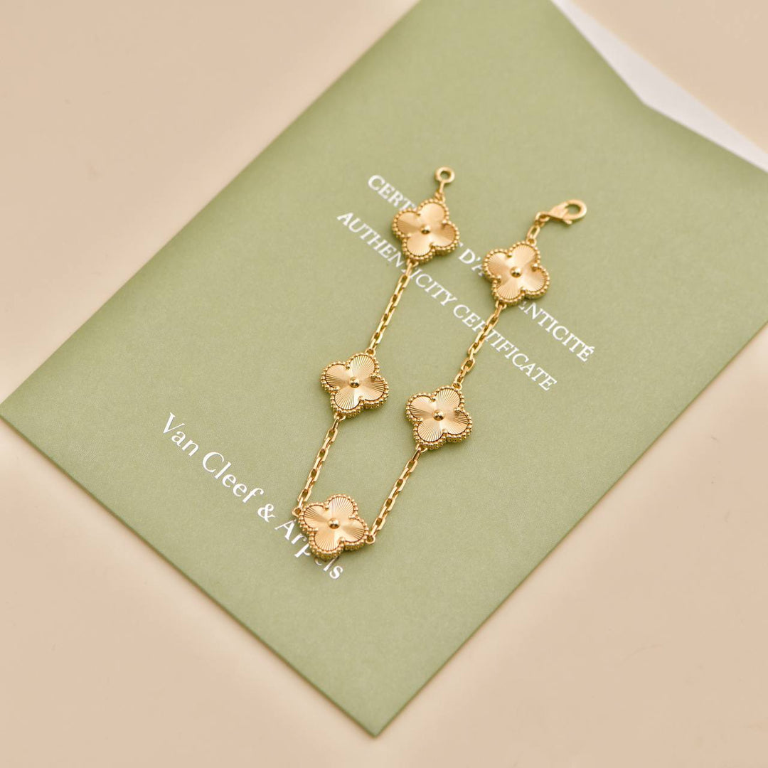 Second Hand Van Cleef & Arpels Vintage Alhambra Guilloché 5 Motifs 18K Yellow Gold Bracelet