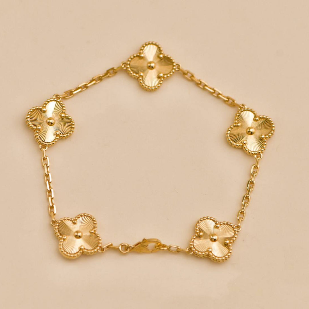 Used Van Cleef & Arpels Vintage Alhambra Guilloché 5 Motifs 18K Yellow Gold Bracelet