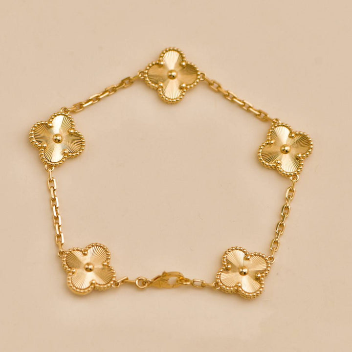 Used Van Cleef & Arpels Vintage Alhambra Guilloché 5 Motifs 18K Yellow Gold Bracelet