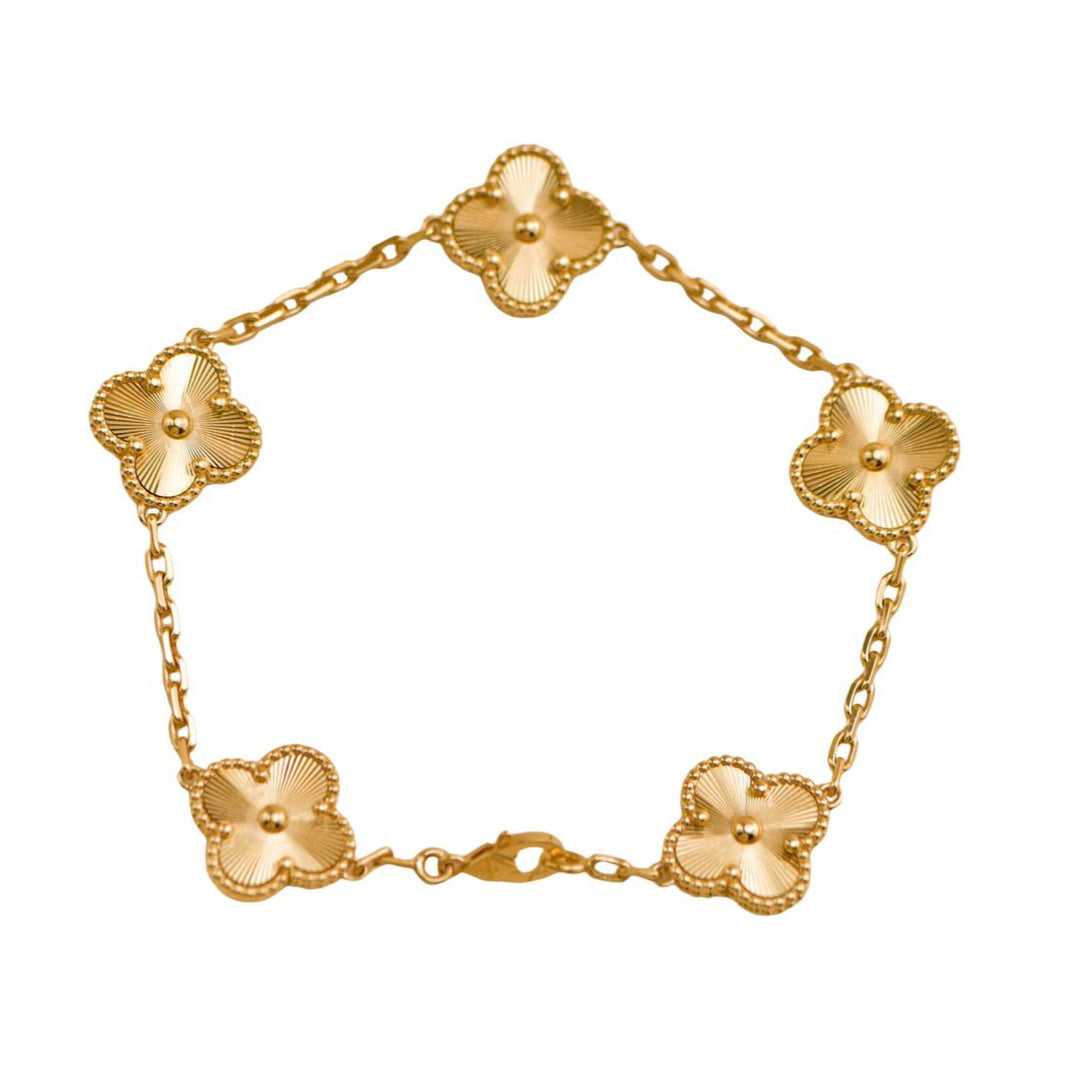 Preloved Van Cleef & Arpels Vintage Alhambra Guilloché 5 Motifs 18K Yellow Gold Bracelet