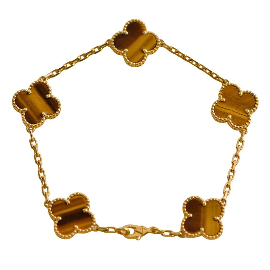 Preloved Van Cleef & Arpels Vintage Alhambra Tiger's Eye 5 Motif 18K Yellow Gold Bracelet