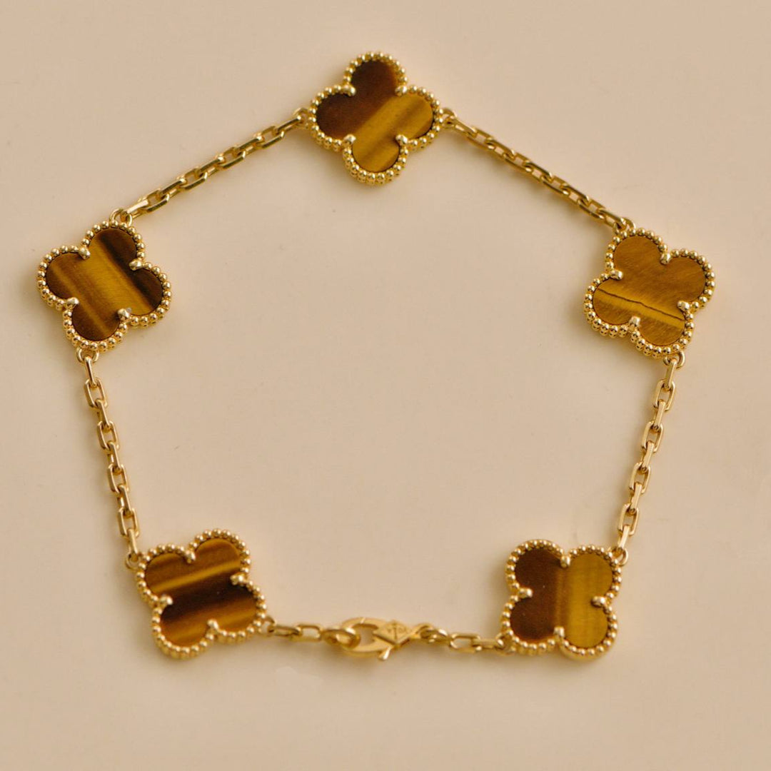 Second Hand Van Cleef & Arpels Vintage Alhambra Tiger's Eye 5 Motif 18K Yellow Gold Bracelet