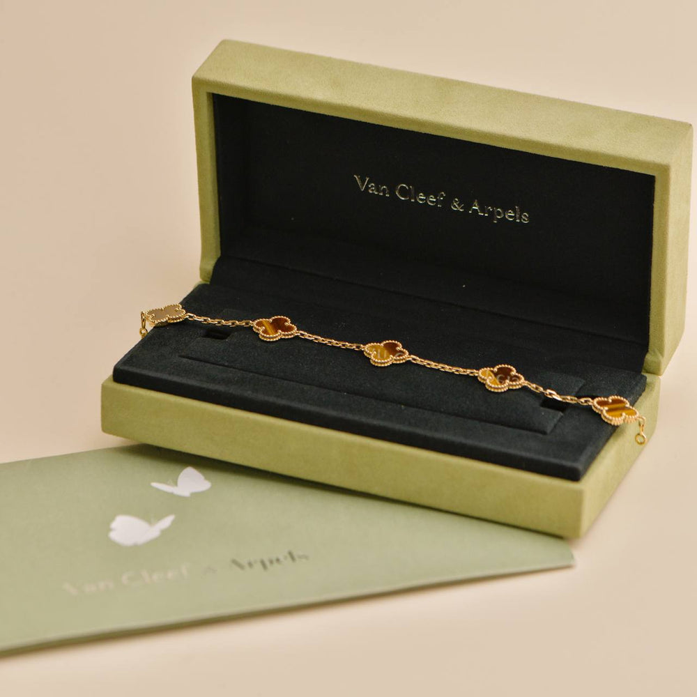 Preowned Van Cleef & Arpels Vintage Alhambra Tiger's Eye 5 Motif 18K Yellow Gold Bracelet