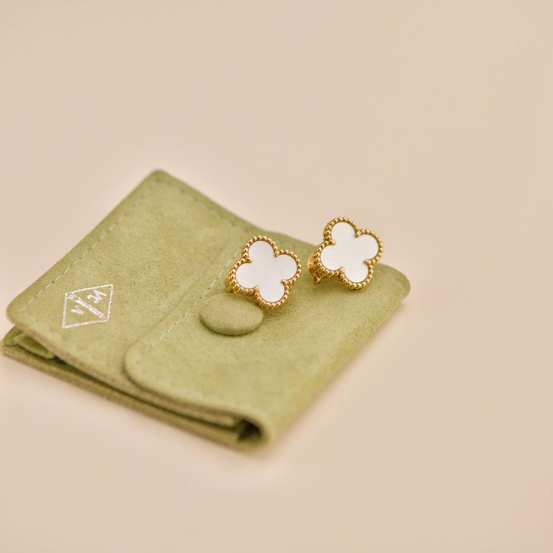 Preowned Van Cleef & Arpels Vintage Alhambra Mother of Pearl 18K Yellow Gold Earrings